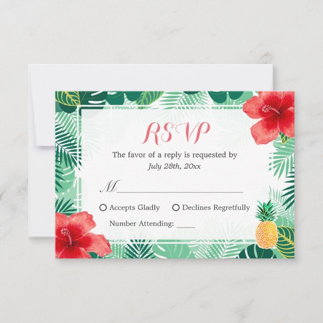Tropischer Ananas-Hibiskus Blätter UAWG Response RSVP Karte (Vorderseite)