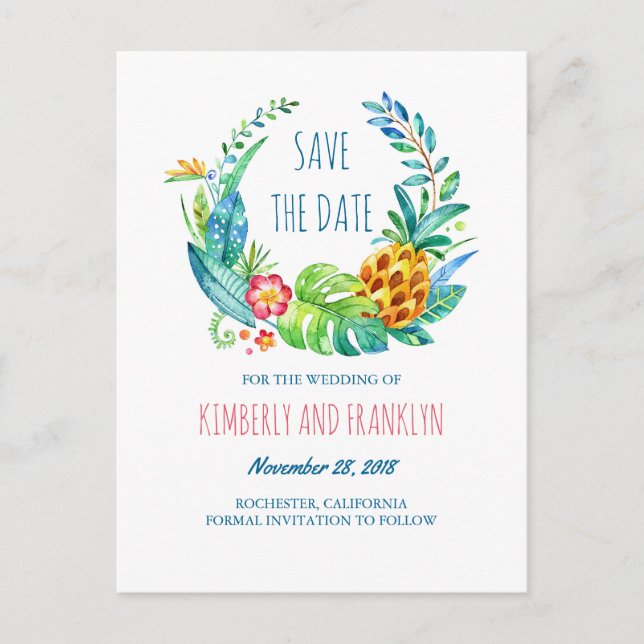 Tropischer Ananas Palms Beach Save the Date Ankündigungspostkarte (Vorderseite)