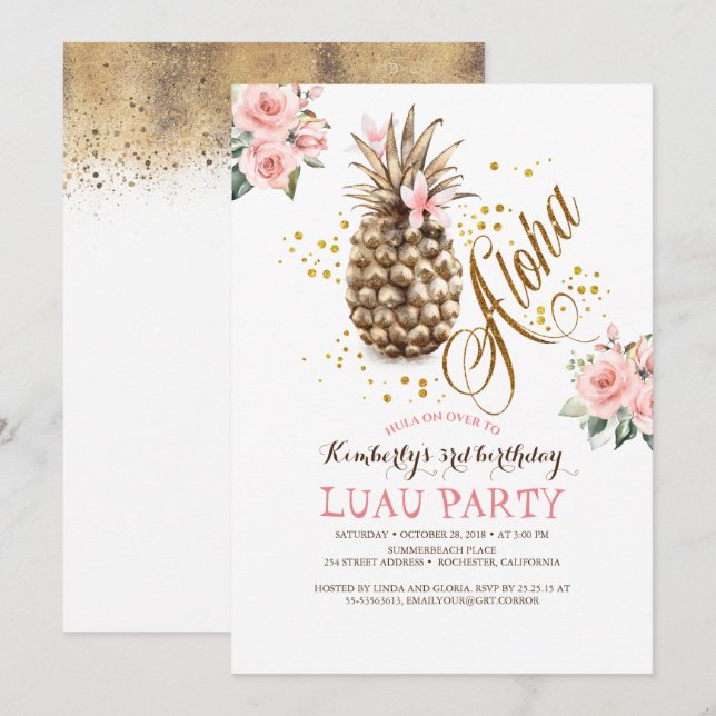 Tropischer Ananas Rosa Blume Luau Geburtstag Einladung (Vorne/Hinten)