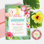 Tropischer Ananas Rosa Flamingo Bachelorette Luau Einladung<br><div class="desc">Die Party Einladungen des Hochzeitbachelorette Luaus verfügen über einen hübschen rosa Flamingo mit Ananas und üppigem Rahmen aus grünen Palmenblättern und tropischen Hibiskus-Blume in warmen Rosa-, Gelb- und Weißtönen. Stilvolle Texte mit aqua-blauen Bannern können personalisiert werden. Die Hintergrundfarbe ist blau / grün. Ein individueller Blumenstrauß mit Cabana-Streifen-Muster und eigenem Text...</div>