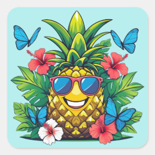 Tropischer Ananas-Schmetterling Quadratischer Aufkleber