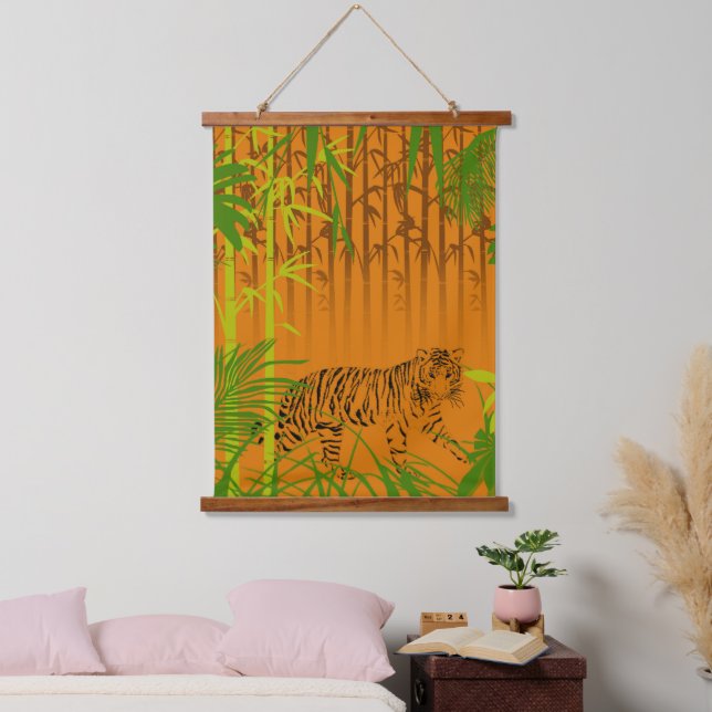 Tropischer Bambus und Leopard Wandteppich Mit Holzrahmen (Schlafzimmer)
