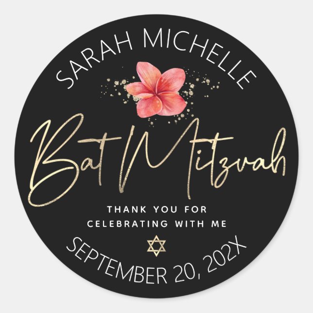 Tropischer Bat Mitzvah Black Gold Floral Watercolo Runder Aufkleber (Vorderseite)