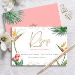 Tropischer Bat Mitzvah Gold Script Floral Wasserfa RSVP Karte<br><div class="desc">Seien Sie stolz, freuen Sie sich und feiern Sie diesen Meilenstein Ihres Lieblings-Bat Mitzvah mit dieser raffinierten, personalisierten UAWG Insert-Karte für Ihre Veranstaltung! Stilvolle, atemberaubende, farbenfrohe, tropische Wasserfarbenvögel paradiesischer Blume, Imitate goldgeschriebene Schrift, Star of David und Glitzer Punkte, zusammen mit dunklem Rose rosa und graue moderne Sans Serif Typ, überlagern...</div>