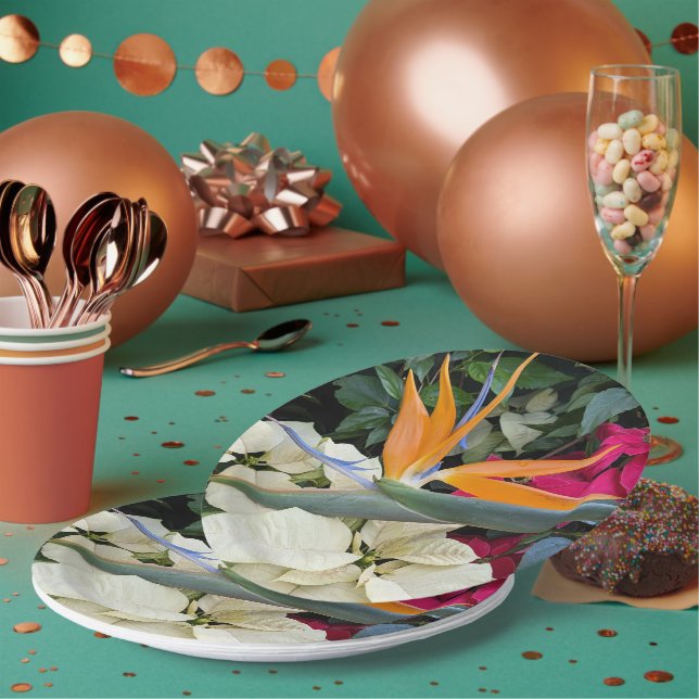 Tropischer Bird der Paradise Pflanze und Poinsetti Pappteller (Multi)