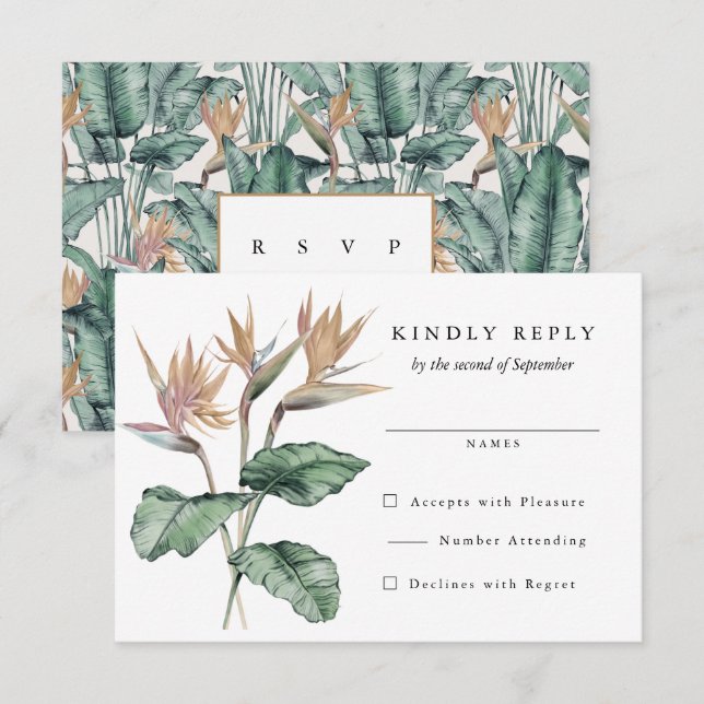 Tropischer Bird of Paradise Blume Hochzeit RSVP Karte (Vorne/Hinten)