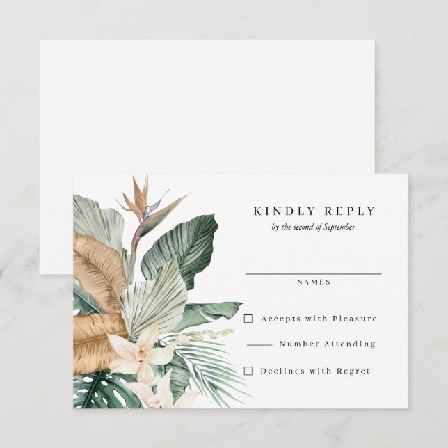 Tropischer Bird of Paradise Flora Hochzeit RSVP Karte (Vorne/Hinten)