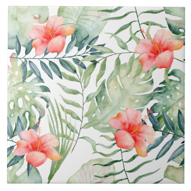 Tropischer Blätter-HibiskusblumenWatercolor Fliese (Vorderseite)