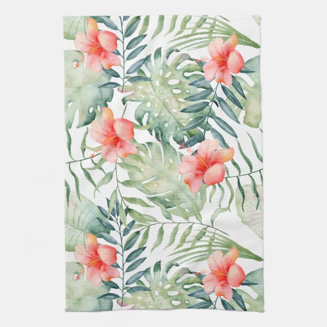 Tropischer Blätter-HibiskusblumenWatercolor Küchentuch (Vertikal)