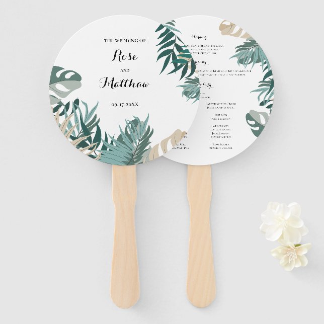 Tropischer Blätter Hochzeitsprogramm Handfächer (Vorne und Hinten)