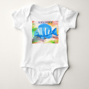 Tropischer Blauer Fisch Wasserfarbenmeer Baby Strampler