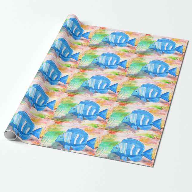 Tropischer Blauer Fisch Wasserfarbenmeer Geschenkpapier (Ungerollt)