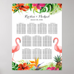 Tropischer Blumenflamingo-Hochzeitssitzplan Poster