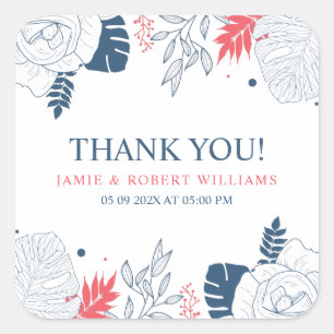 Tropischer Blumenrahmen in blau weiß und korallenr Quadratischer Aufkleber