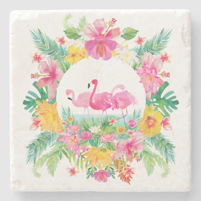 Tropischer Blumenreath & Pink Flamingos Steinuntersetzer (Vorderseite)