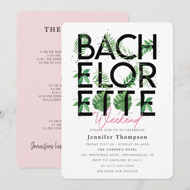 Tropischer Blush Flamingo Bachelorette Wochenende Einladung (Vorne/Hinten)