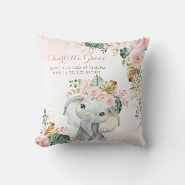 Tropischer Blush Floral Elephant Baby Birth Stats Kissen (Vorderseite)