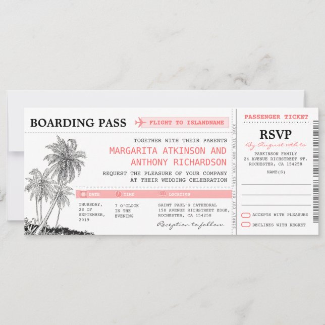 Tropischer Boarding Pass Hochzeitskarten mit UAWG Einladung (Vorderseite)
