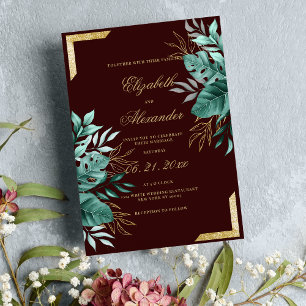 Tropischer Bordeaux-Glitzer Blumenhochzeit Einladung