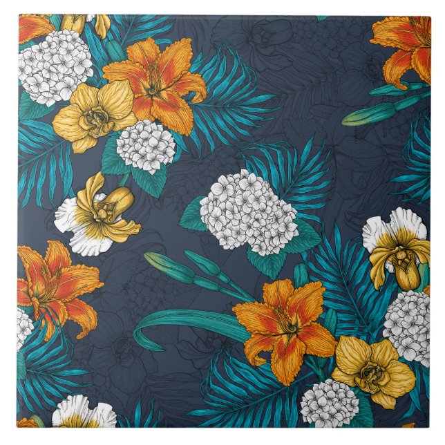 Tropischer Bouquet in Blau Fliese (Vorderseite)