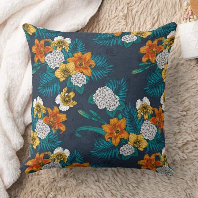 Tropischer Bouquet in Blau Kissen (Decke)