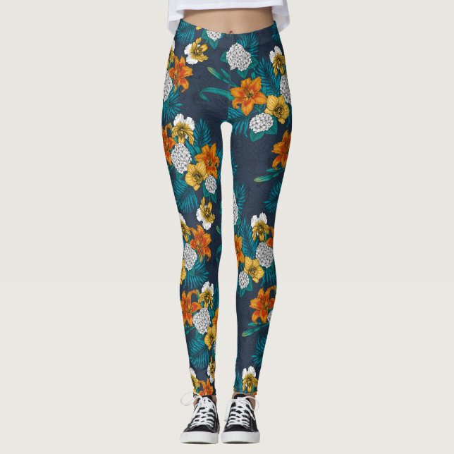 Tropischer Bouquet in Blau Leggings (Vorderseite)