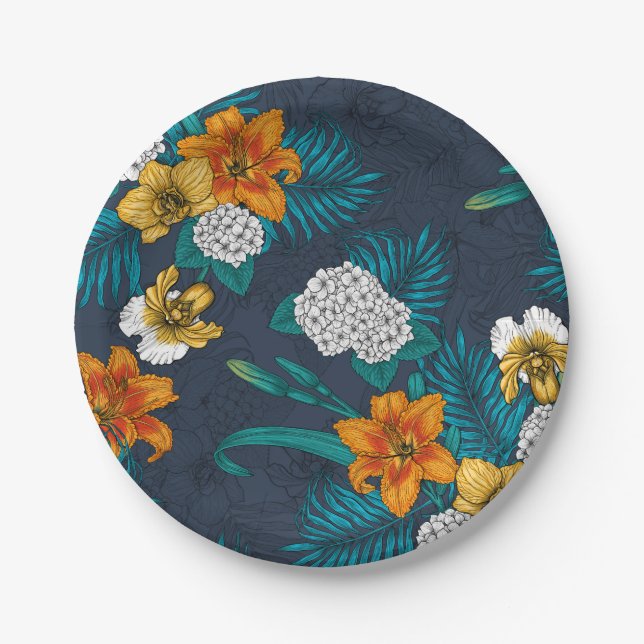Tropischer Bouquet in Blau Pappteller (Vorderseite)