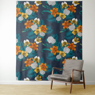 Tropischer Bouquet in Blau Wandteppich