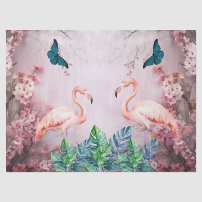 Tropischer Cherry Blossom & Pink Flamingos Dekoupa Seidenpapier (Vorderseite)