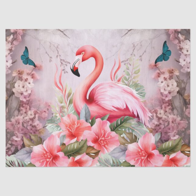Tropischer Cherry Blossom & Pink Flamingos Dekoupa Seidenpapier (Vorderseite)