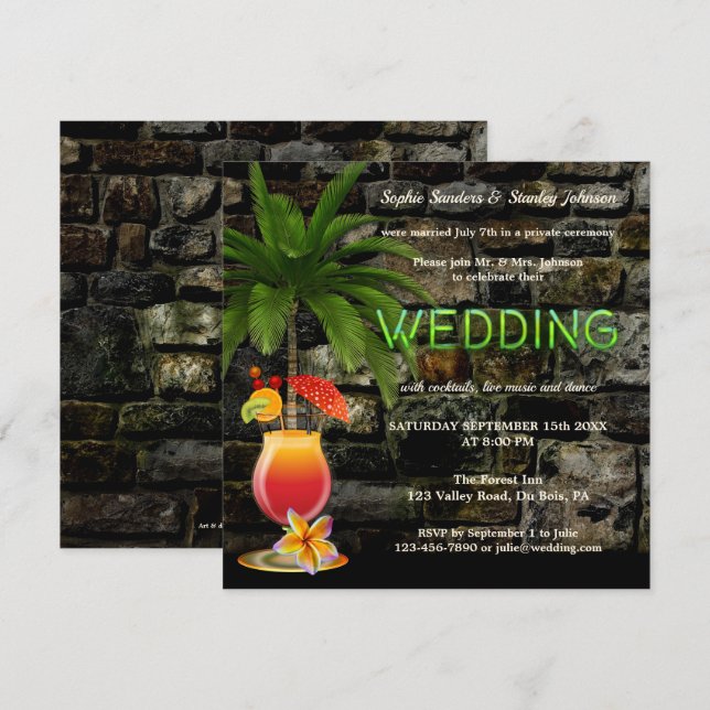 Tropischer Cocktail Party Neon nach Hochzeit Einladung (Vorne/Hinten)