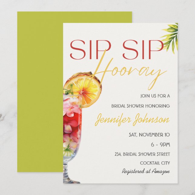 Tropischer Cocktail Sip Hooray Brautparty Einladung (Vorne/Hinten)
