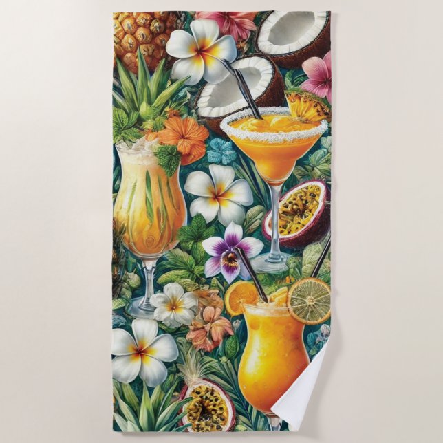 Tropischer Cocktail und Blumendesign Strandtuch (Vorderseite)