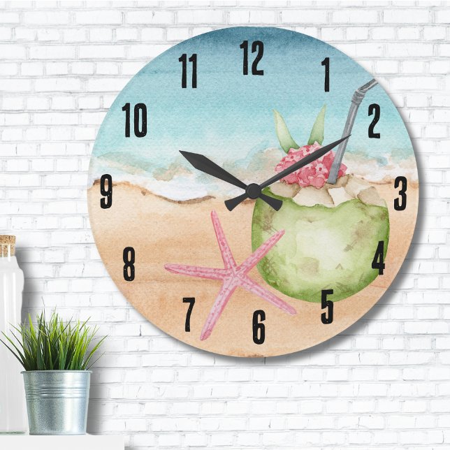 Tropischer Cocktailstall Große Wanduhr (Cute Starfish Coconut Cocktail Drink Beach Large Clock)
