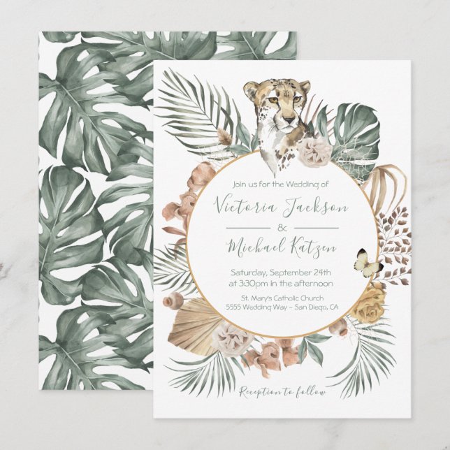 Tropischer Dschungel Cheetah Palm Wreath Wedding Einladung (Vorne/Hinten)