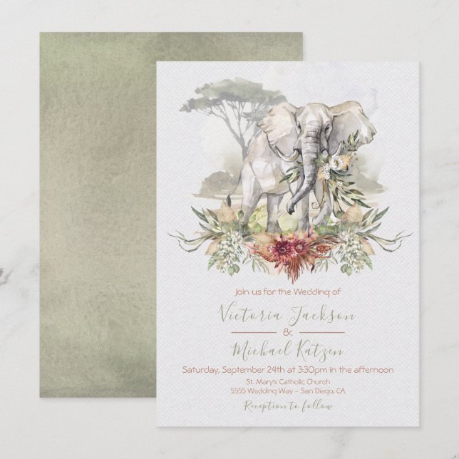 Tropischer Dschungel-Elefant-Hochzeitseinladungen Einladung (Vorne/Hinten)