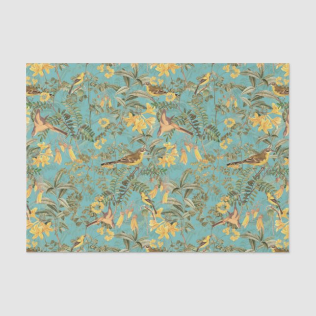 Tropischer Dschungel mit gelben Vögeln und Blume,  Seidenpapier (Vorderseite)