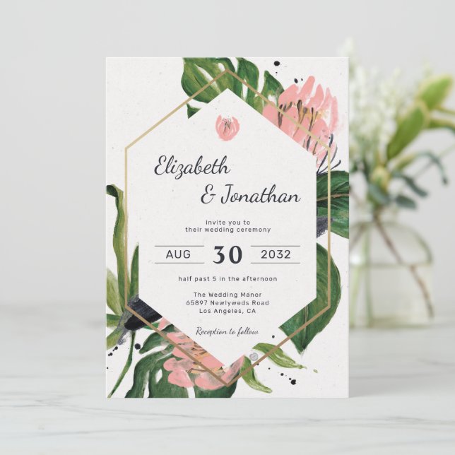 Tropischer Dschungel rosa Blume & Blätter floralmo Einladung (Stehend Vorderseite)