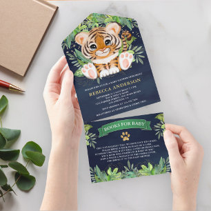 Tropischer Dschungel-Safari Süßer Tiger Navy Baby All In One Einladung