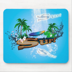 Tropischer Entwurf mit Surfbrett, Palme und Blumen Mousepad