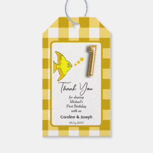 Tropischer Fisch, gelber Gingham zum Geburtstag Da Geschenkanhänger