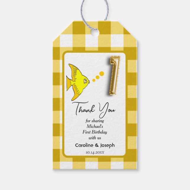 Tropischer Fisch, gelber Gingham zum Geburtstag Da Geschenkanhänger (Vorderseite)