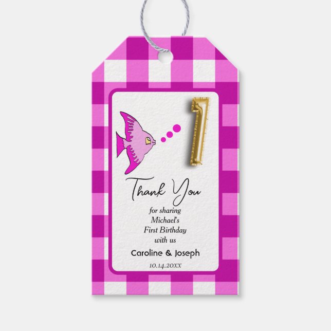Tropischer Fisch, Pink Gingham zum Geburtstag Dank Geschenkanhänger (Vorderseite)