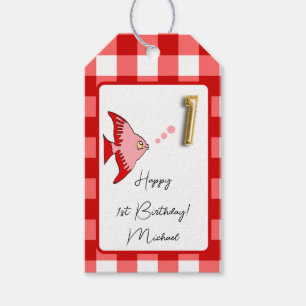 Tropischer Fisch Rot Gingham Alles Gute zum 1. Geb Geschenkanhänger