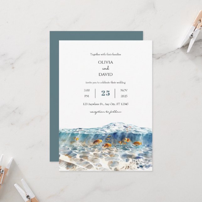 Tropischer Fisch schimmernd Sandstrand Hochzeit Einladung (Vorderseite/Rückseite Beispiel)