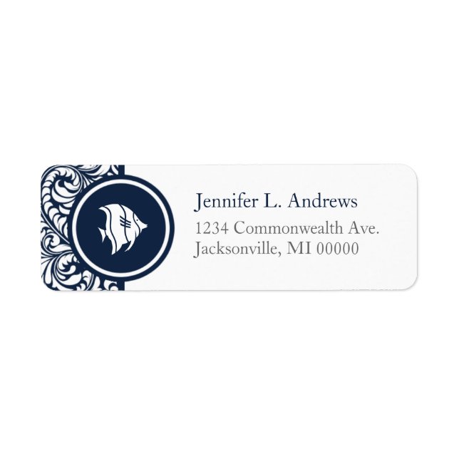 Tropischer Fisch Theme Navy Damask Adresszeichen (Vorne)