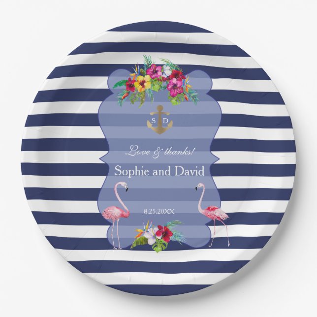 Tropischer Flamingo Floral Luau Marinestreifen Hoc Pappteller (Vorderseite)