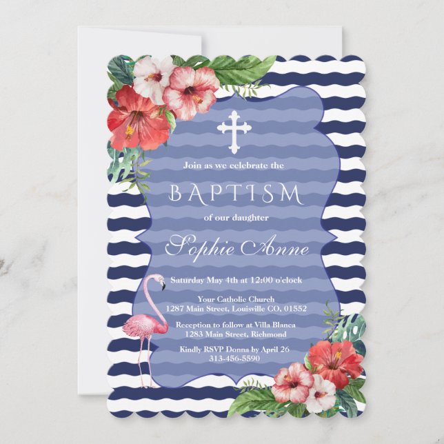 Tropischer Flamingo Floral Luau Navy Blue Taufe Einladung (Vorderseite)