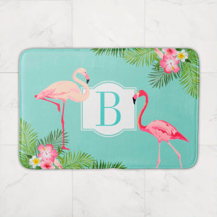 Tropischer Flamingo-Hibiskus-Monogramm-Initial Badematte