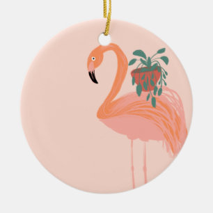 Tropischer Flamingo mit getopfter Pflanze Handgeze Keramik Ornament